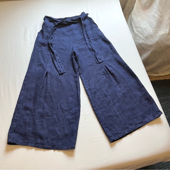 RUE STIIC blue linen rayon blend elastic waist belted wide leg